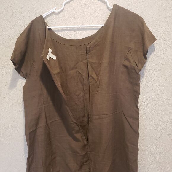 Eileen Fisher Linen Tencel Blend Short Sleeve Pocket Dress Medium Brown Zip - Picture 11 of 14
